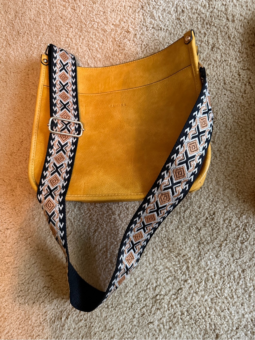 Yellow Crossbody Bag with Patterned Strap